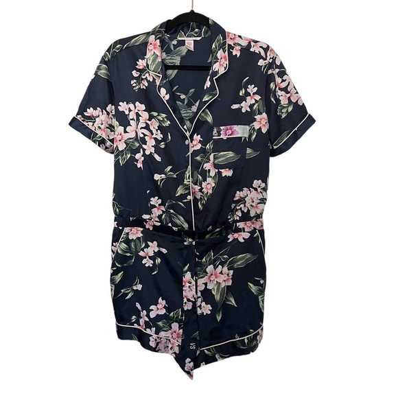 VICTORIA'S SECRET Silky Satin Floral Lounge Wear Lingerie ROMPER Women’s Large - Picture 1 of 9
